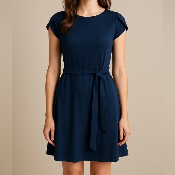 Manydress Dresses & Skirts - Manydress | NWT Navy Blue Cap Sleeve Belted Unlined Midi Dress Medium
